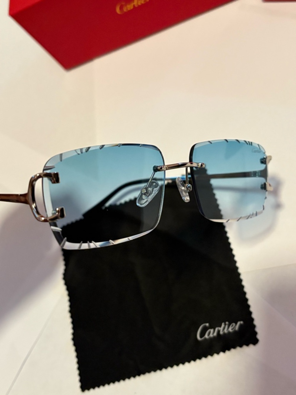 Cartier Men's Rimless Diamond Cut Sunglasses with Blue Gradient Lenses